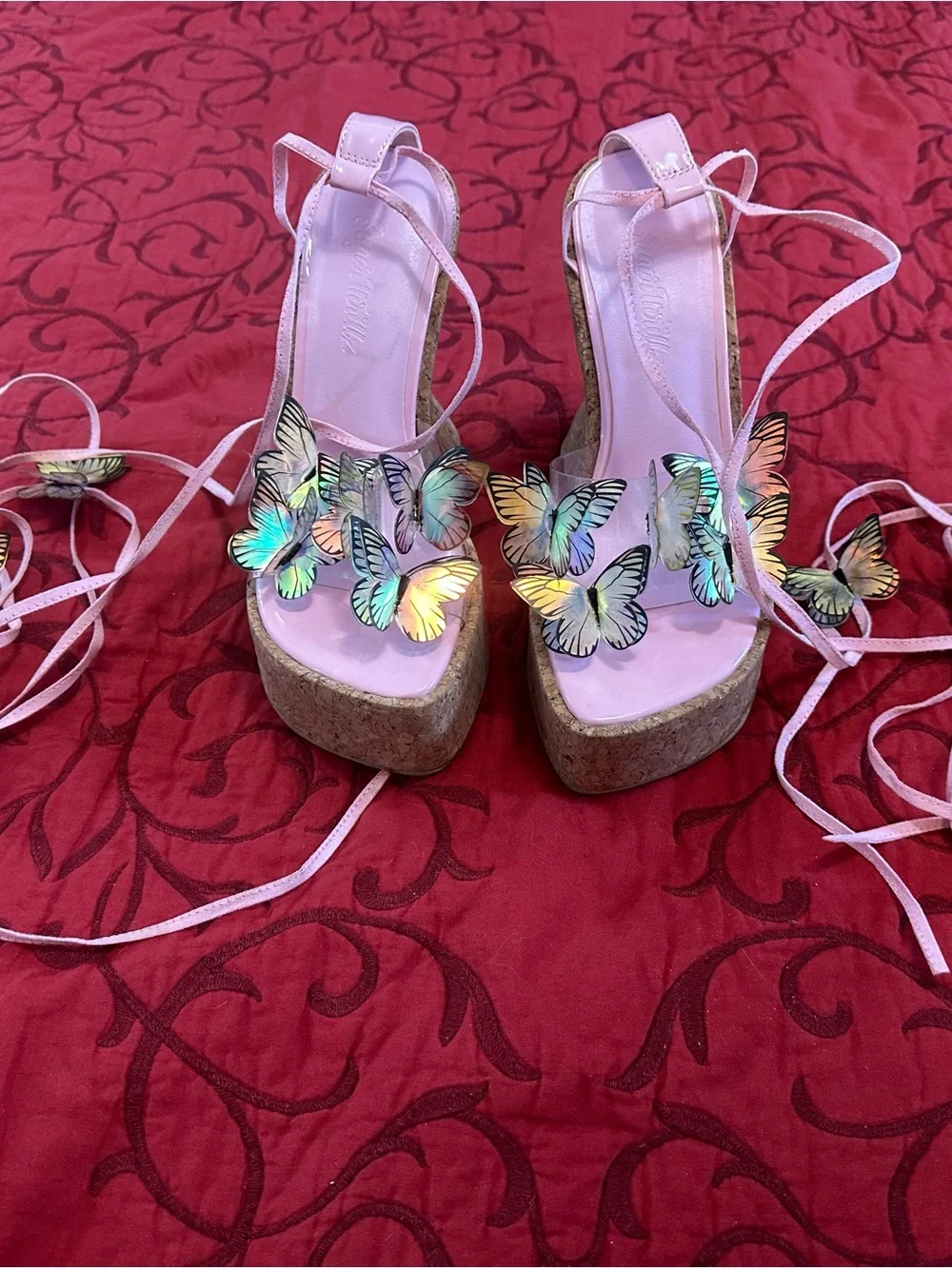 Sugar Thrillz Pink Butterfly Lace-Up Platform Wedges